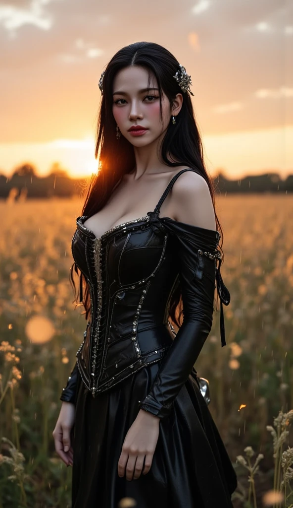 Mommy milkers, the Human from baldur's gate 3, best quality, ultra-detailed CG unity 8k wallpaper, kneeling, looking up, high resolution, dynamic pose, beautiful face, (green eyes:1.2, black hair:1.3, black clothes, large breasts:1.9), depth of field, sunny plains, magic light), promiscuous smile, (high fantasy), camera looking down