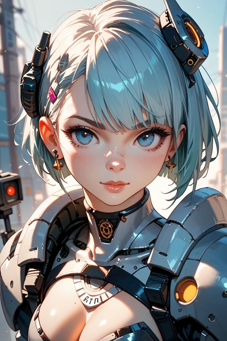 Create a hyper-realistic 3D image of a beautiful blue-eyed Robocop-style robot, silver with black and edges in neon violet and intense microparticulate blue throughout the image, great and creative environment great dynamic poems , street cafe environment he drinks coffee on the street the image must be perfectly detailed applies HDMI technologies, 1200 dpi and full definition 