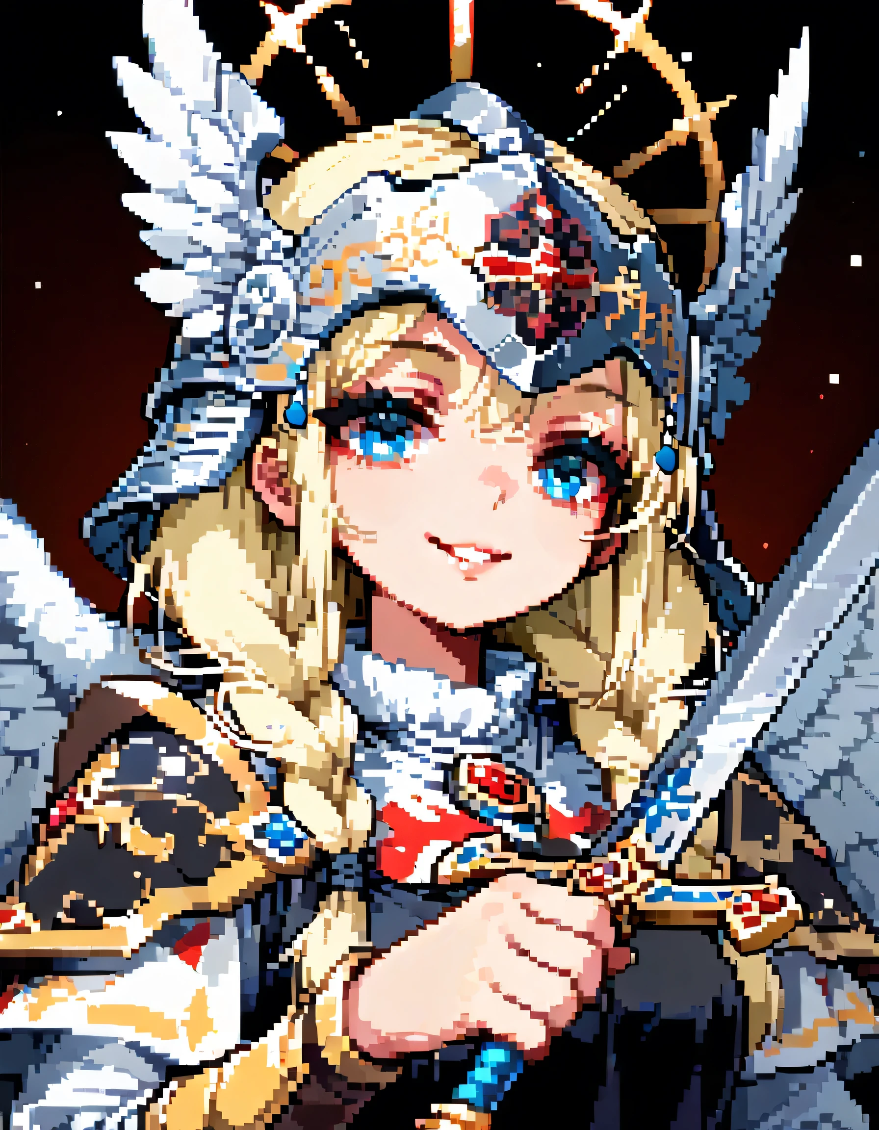 solo,(upperbody),portrait+,smile,vblonde single braids,natural cosmetic,adult female,full lips,dark Valkyrie helmet and armor,Absolute territory,Official art,black Angel wings,Holding a holy sword in one hand,(dark sword is the main focus)+,full color,soft lineart,flat color background,minecraft style,(pixel art style),