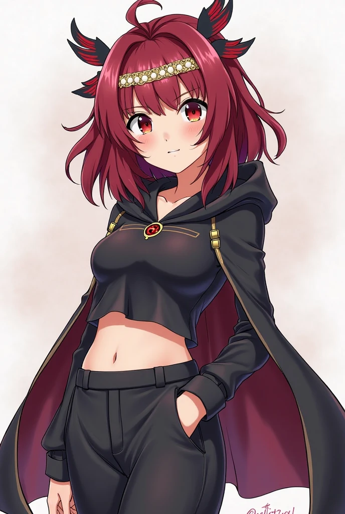 1 girls, side pose, standing towards a wall, ((red hair: 0.7) short hair red, pale skin, ((red eyes)), Bright_eyes, neon eyes, (ultra-detailed eyes, beautiful and detailed face, detailed eyes: 0.9), ((centered)), creepy face, (evil smile, twisted sadistic expression) ((full shot)), facing the viewer, eye level, (black background, red), B-cup chest, looking at the viewer from a side, ((half-closed eyes)), (((head, arms, hips, elbows, in view))), empty gaze, beautiful lighting, Background, defined theme, 21 years old, Perfect anatomy, Perfect body, longeyelashes, solid circle eyes, light smile, ear blush, embarrassed, red eyes, blunt bangs, shorts black, seminaked, wearing long black stockings, with a hood, Surrealism, drop shadow, anaglyph, red background, stereogram, full body, atmospheric perspective, anime, Sony FE GM, 8k, super detail, accurate, best quality, anatomically correct, super detail