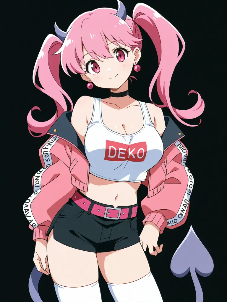 Mina Ashido, 1 girl, One, breast, short hair, medium breast, shirt, clavicle, yellow eyes, upper body, Pink hair, short sleeves, horns, teeth, colored leather, blue shirt teeth, happy, colored sclera, accent lines, black sclera, pink skin, sitting on the toilet
