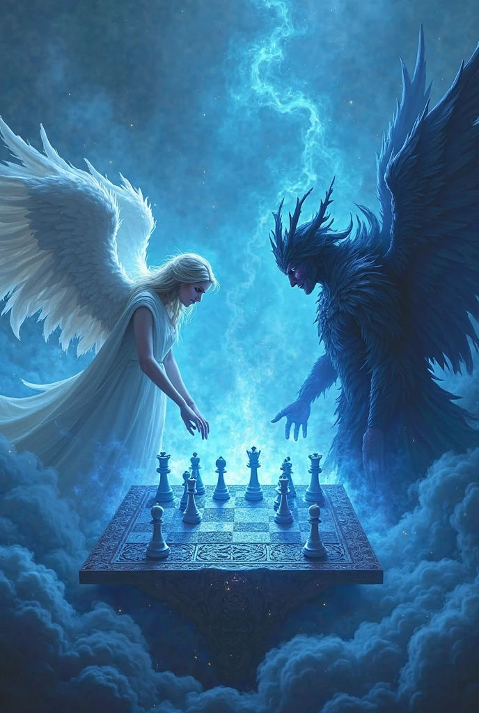 Generate an image of an angel and a demon playing chess against each other with a stone board, a gold watch, chairs and tables playing face to face, with expressions of war, and next to them several angels and demons doing bars around them 