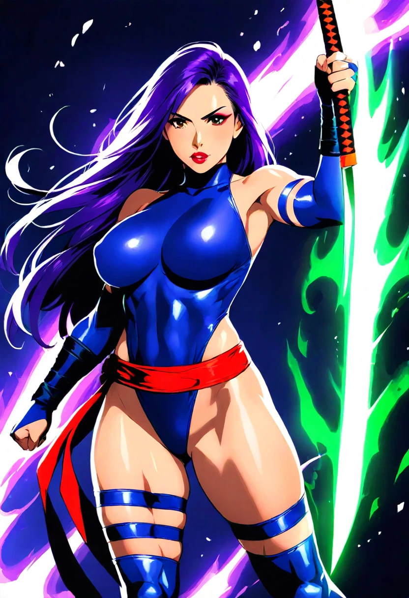 a drawing of a woman in a blue and yellow outfit, psylocke, portrait of a female anime hero, inspired by Masamune Shirow, inspired by Kameda Bōsai, full color drawing, portrait ninja gaiden girl, high quality colored sketch, inspired by Rob Liefeld, drawn in the style of artgerm, manga painting