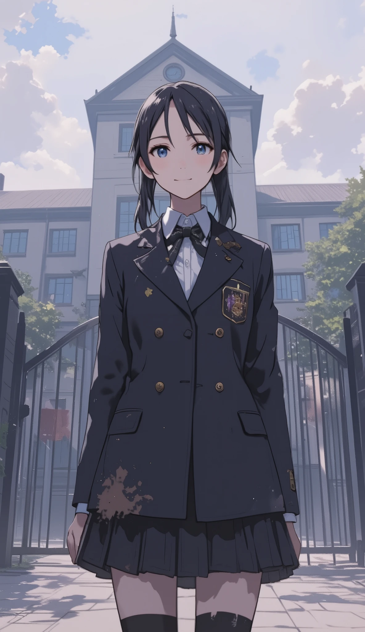 Medium-shot, vertical pastel-style illustration featuring Reina Ardiani, a  high school student council president, standing calmly in front of a school gate. She has a composed and charismatic presence, with long, sleek black hair tied neatly behind her head and sharp, intelligent eyes that seem to evaluate everything around her. Her expression is calm and unreadable, with a faint, confident smile. She wears a perfectly tidy school uniform, overlaid with a formal blazer or OSIS jacket that gives her an air of authority. The fabric appears subtly aged or frayed at the edges, and the lower parts of her outfit seem to fade into the surrounding darkness. Behind her, the school building looms under a softly overcast sky. The illustration is rendered in pastel anime style, capturing both her public elegance and the hidden complexity beneath her surface."
