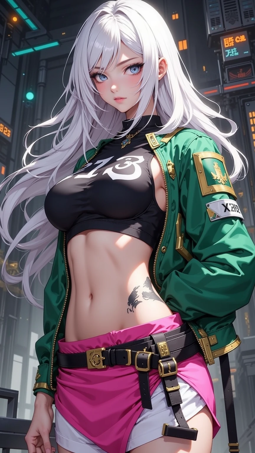 sfw, cool cyber idol、whole body、good style、、、white shorts、thick legs、Fluorescent Green Hair、cybertruck jacket, wearing bra,((skinny waist)), young asian girl, ((big breasted)),