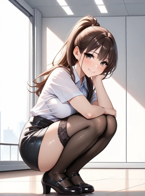 (sfw), (masterpiece:1.2), best quality, masterpiece, highres, original, extremely detailed wallpaper, (ultra-detailed), (best illustration), (best shadow), (realism), small breasts, perky breasts, business suit, holding a knife, crazy look, crazy eyes, yandere, sweating, crying, blushing, blazer, black necktie, white collared shirt, (brown eyes), taking off clothes , full body, choker, cuffs, rope, naked legs