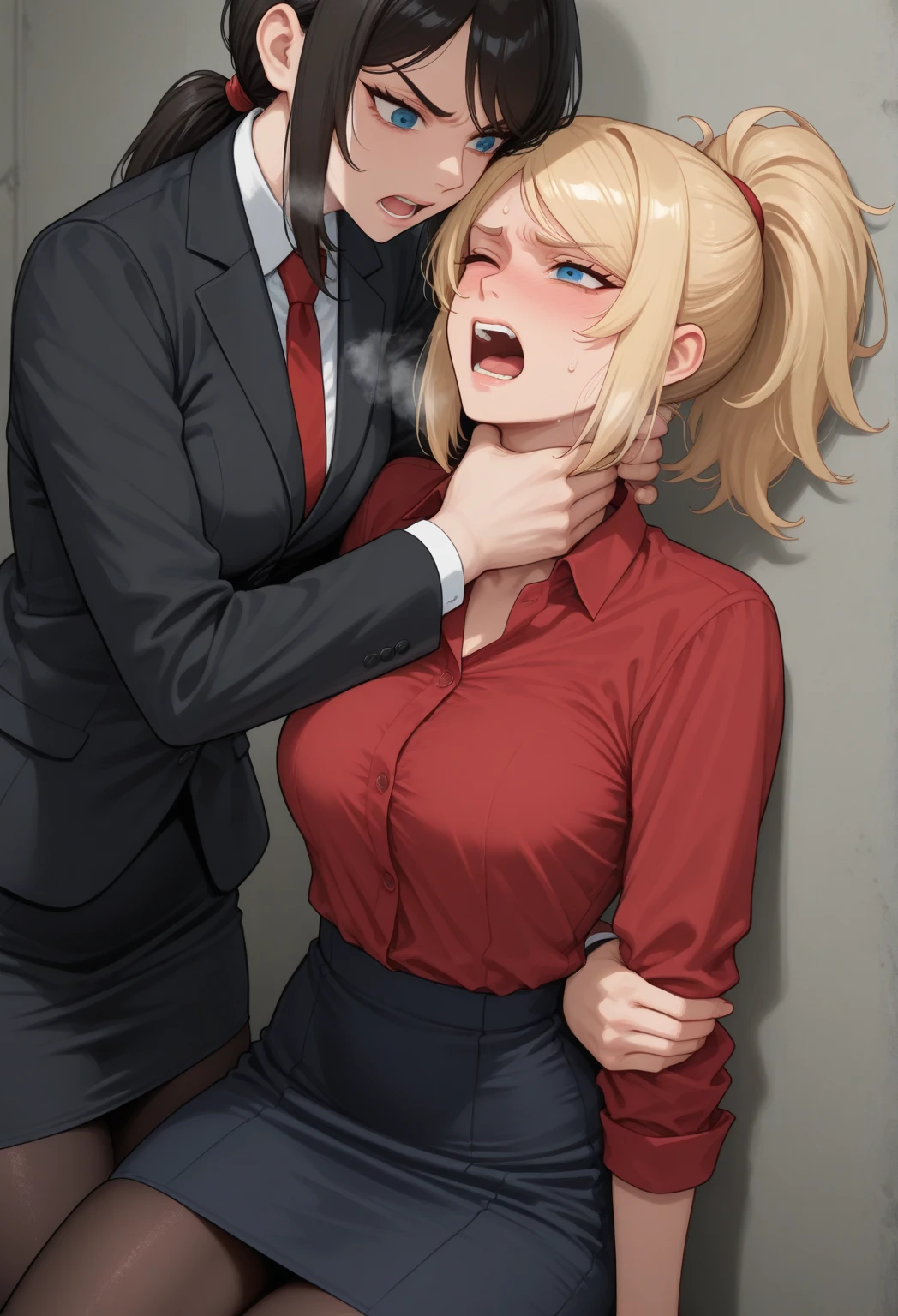 masterpiece, best quality,anime style, 1 girl,(((slender body))), (((small breast))),(((hot pants, white shirt,red tie,black pantyhose))),(((((a gorilla man grabbing the girl))))), ((((restrained, arms behind back)))),((((cum)))), (beautiful face), (((short hair))), (((straight hair))), ((((blonde hair)))),detailed beautiful skin, (perfect hands, perfect anatomy)