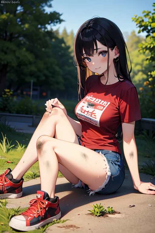 1girl, 20 yo, colorful Underwear, man t-shirt, Squatting, knees together, beautiful garden, กระโปรง เปิด มองเห็นกางเกงใน, กางเกงในสีขาว, กางเกงในรัดรูป, camel toe,