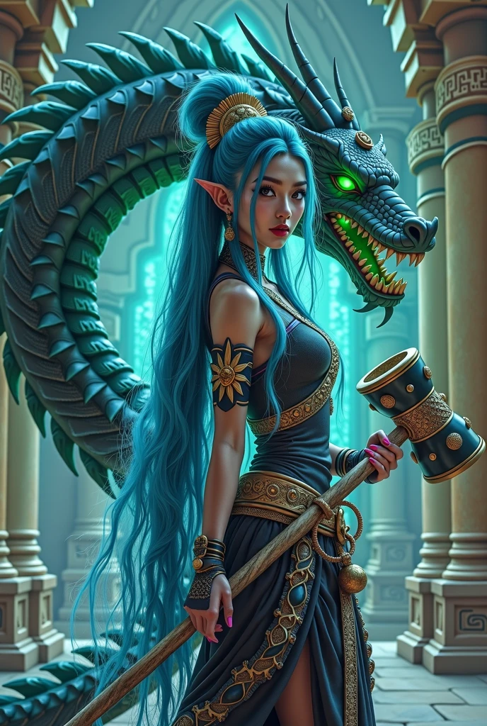 tyrande whisperwind, nightelf, light pink skin, black dragon horns, dragon tail, long aqua hair, beautiful, realistic, outdoors, plants, nature, friendly, fantasy style, elegant white dress, jewelry, detailed, black dragon horns, dragon tail