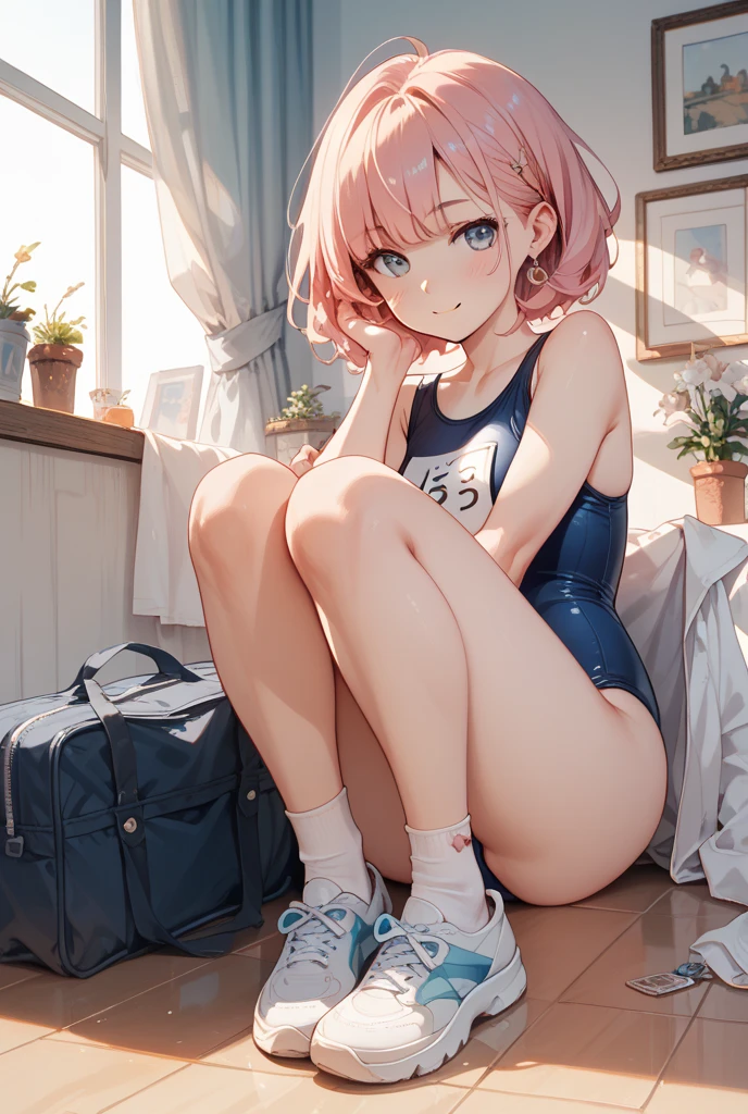 (masterpiece、highest quality、In 8K、High resolution:1.2)、alone、One Girl、 Mika Jougasaki, Feeling embarrassed、blush、Look at the viewers、Blue school swimsuit、Wet body、Glossy body、locker room、School