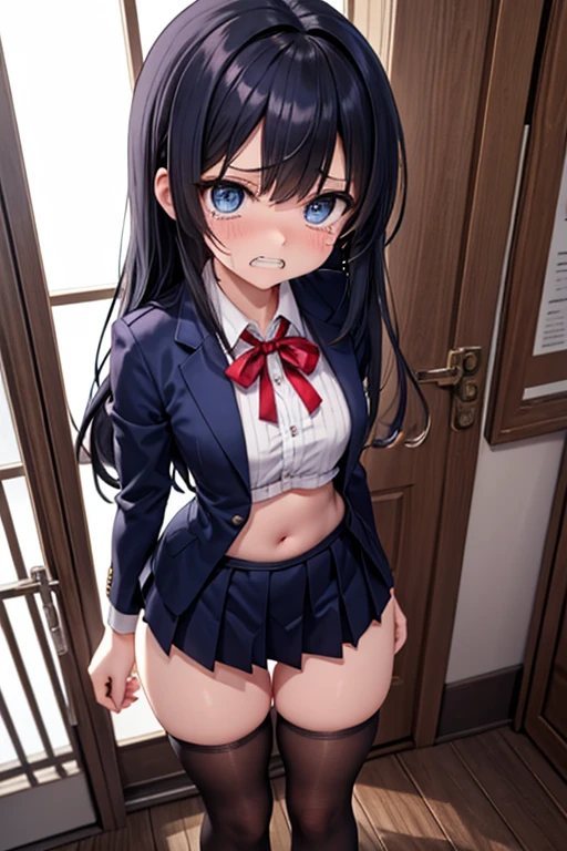 A masterpiece,beste-Quality,Ultra-detailded,Realstic,hyper detailled,(((nsfw))),(perfect anatomy),1girl,solo,black hair,ahoge,blue eyes,slender body,((small tits)),((small buttocks)),Embarrassed blush,gleaming skin,(transparent polyvinylidene chloride),(((Sheer))),((see-through school uniform)),red bowtie,(see-through thighhighs)