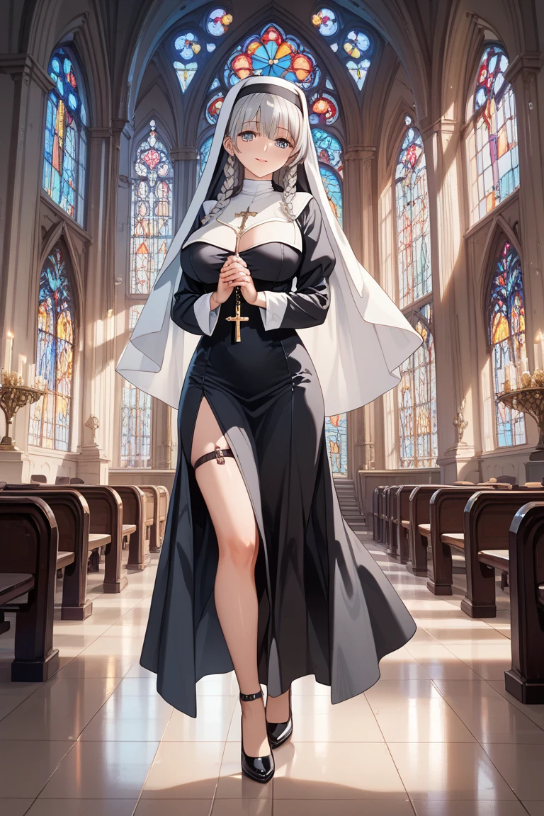 (masterpiece),(Highest quality),(Super detailed),(High resolution),(Highest quality),(An illustration),8k,One female,Beautiful Skin,Beautiful Face,,smile,front,Nun,Nunの衣装,(church),(Functional),((Having her skirt lifted by another believer,Stand with your legs wide apart,Showing off obscene panties)),(Hand,detailed,perfect,perfection,hands)