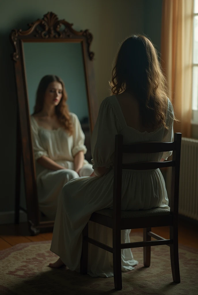 girl in her 20s sitting on wooden chair, wearing a beige-pink summer dress, 1980s vibe, vintage vibe, wearing high heels, back view, back shot, behind shot, faded photo, vintage house, cool lighting 