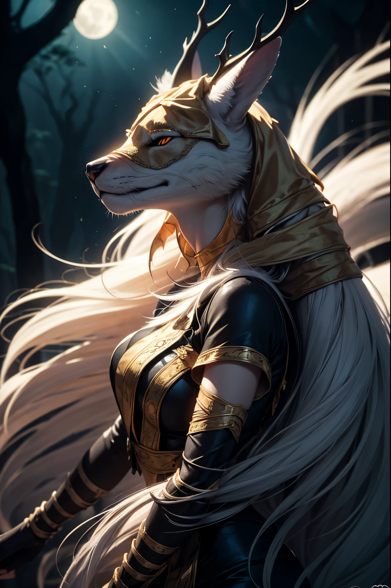 vicaramelia with nine tails, detailed hyper-realistic portrait, beautiful young woman with exotic animal features, detailed facial features, elegant posture, serene expression, flowing vibrant hair, shimmering golden nine tails, fantasy landscape background, mystical forest, glowing moonlight, dramatic lighting, cinematic composition, intricate details, 8K, high resolution, photorealistic, masterpiece, vivid colors, dramatic lighting
