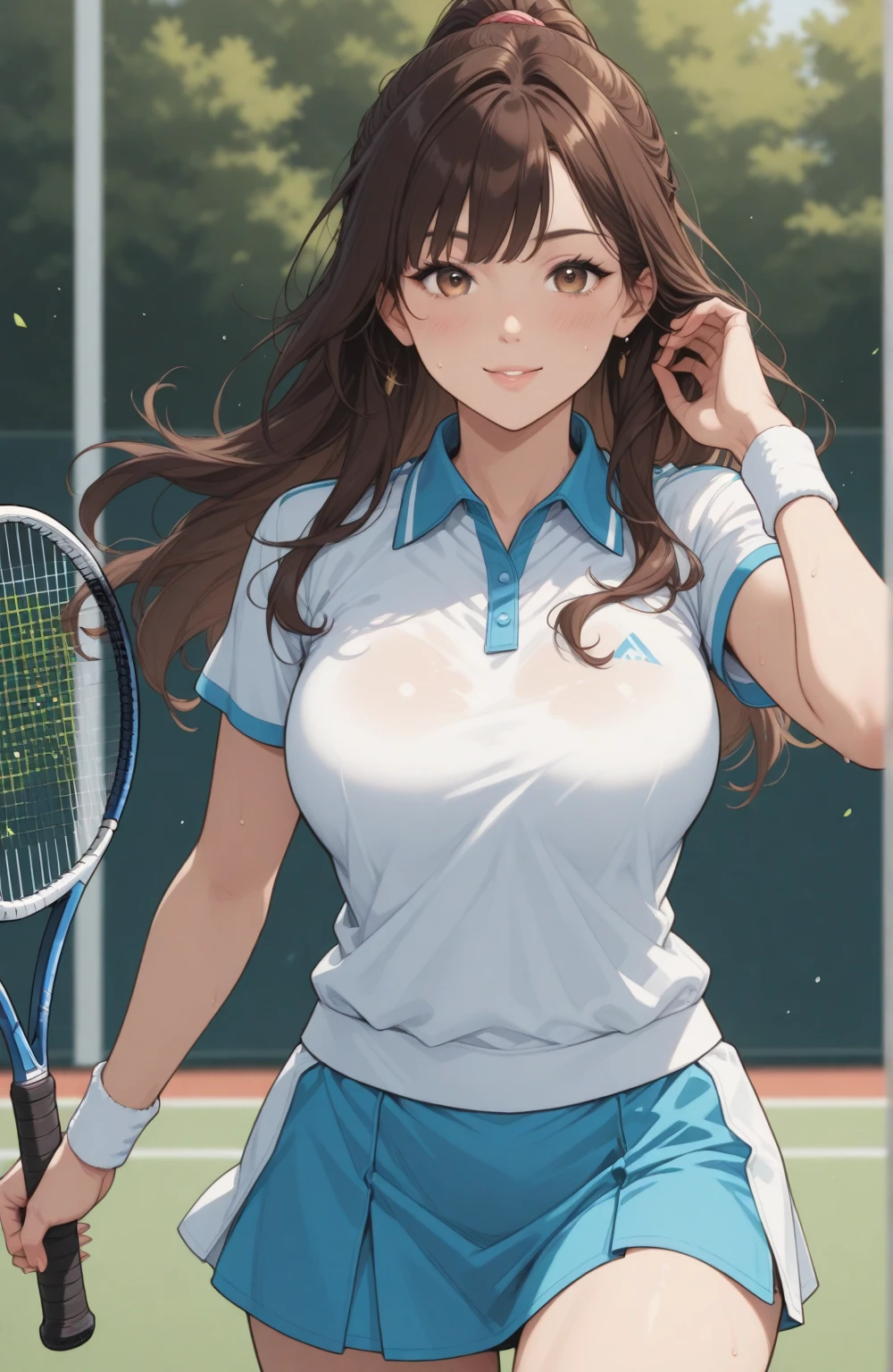 official art, unity 8k wallpaper, Super detailed, masterpiece, highest quality, 1 female, (very detailed),(Raw photo、highest quality)、(realistic、Photoreal:1.3)、high detail、顔のvery detailed複雑な 3D レンダリング、(very detailed肌:1.2)、dynamic angle, fire glow effect, professional lighting, side light, cinematic light, 超A high resolution, 8K , film grain,best shadow, particles of light, Fine skin texture, detailed face, intricate details, Super detailed, shine, Please reconsider、full body, Tennis court、beautiful face、blurred background、18 year old beautiful girl、shiny skin、Tennis uniform、((white panties))、Super short uper tight polo shirt、