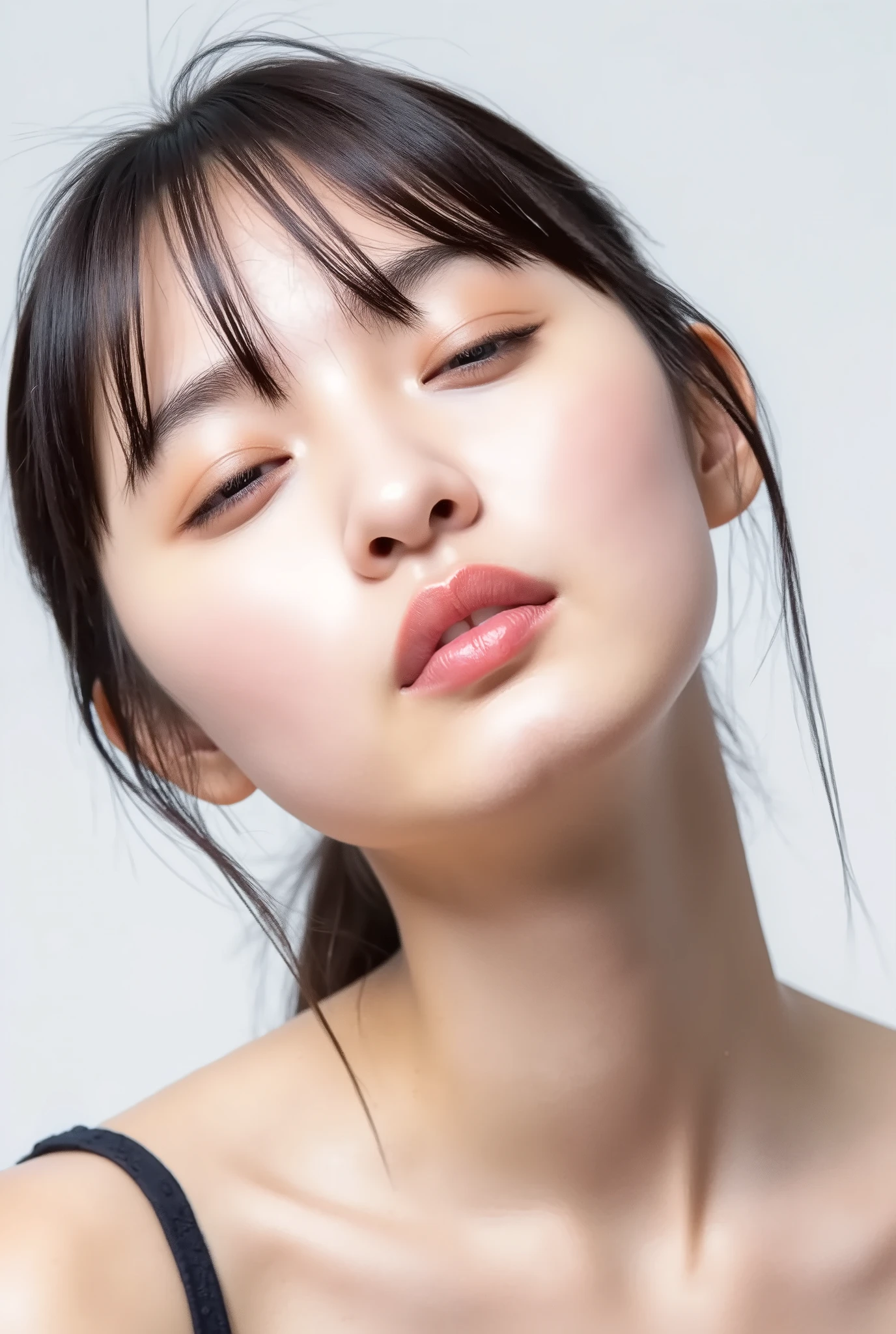 Extreme close-up of a young Japanese woman in a white studio, head tilted slightly up, looking up with dreamy half-lidded eyes. Her soft, matte bare skin contrasts vividly with her puckered, glossy pink lips — intensely wet and inviting. Light catches the lips with high-shine highlights. Her cheeks are subtly flushed, expression lost in loving daze. Black camisole strap falling off shoulder.