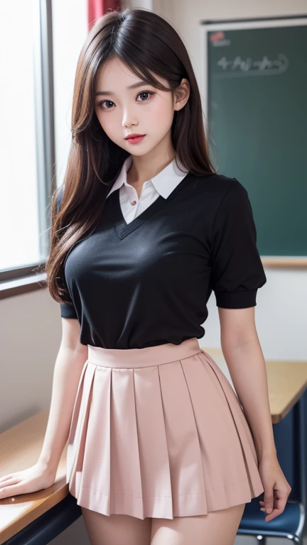 (detailed skin:1.2),(shiny skin:1.1),8k,best quality, masterpiece, ultra high res,(photorealistic:1.4), RAW photo,(soft saturation:1.3),(fair skin:1.2),1woman,gyaru,makeup,(lipstick:1.1),(eyeliner:1.2),mascara,eyeshadow, glamor, large breasts,blonde hair and brown hair, medium hair, asymmetrical hair, wavy hair, asymmetrical bangs,collared white shirt,ribbon tie,short sleeved,knee length pleated skirt,tartan check skirt,school knee-high socks,navy socks