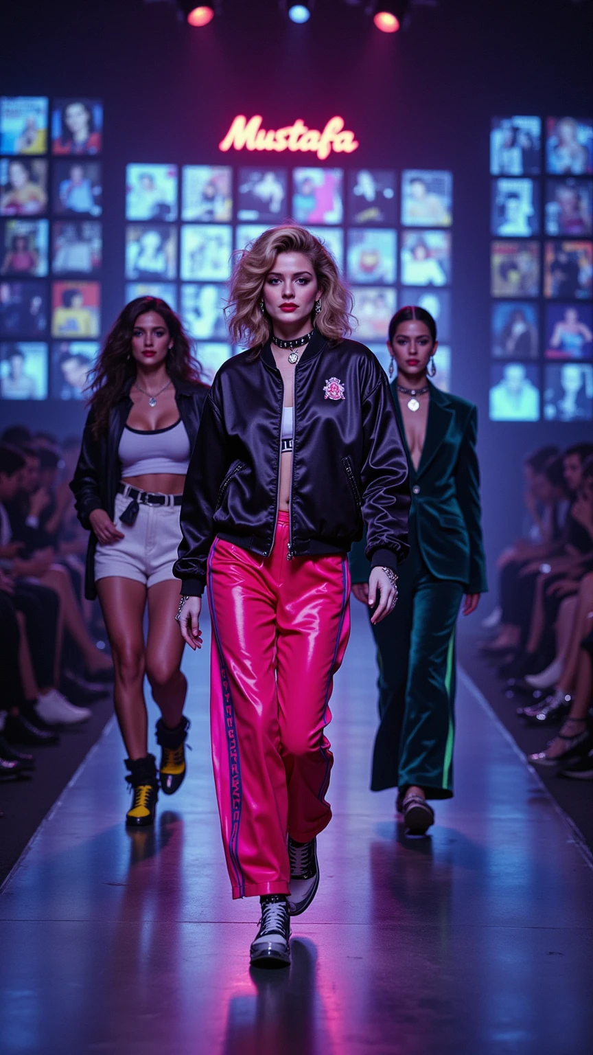 An urban fashion show held inside a clothing store with diverse people on a light purple background]