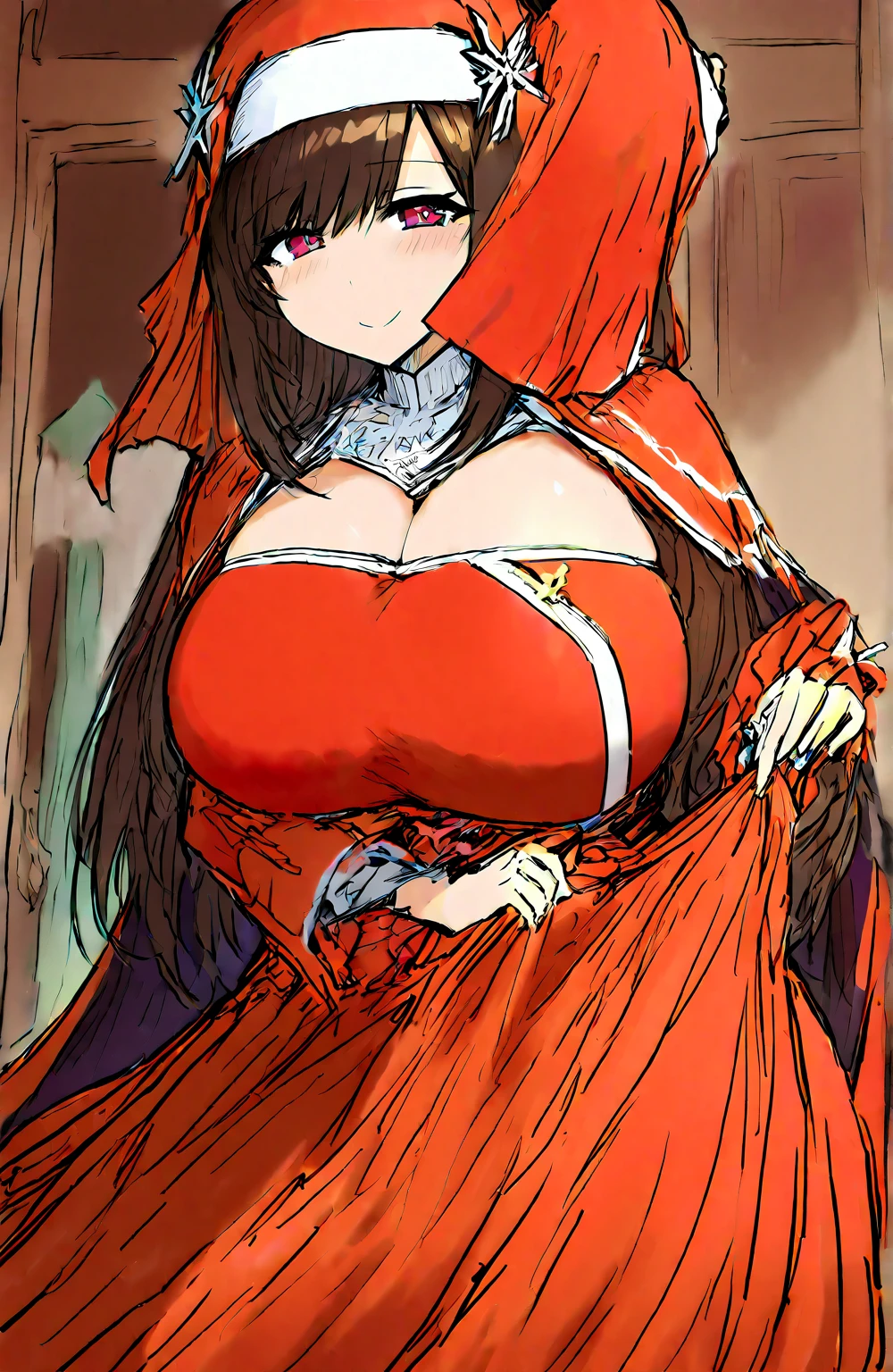 "Korean model with big, perky breasts dressed sexy as Red Riding Hood in the forest."