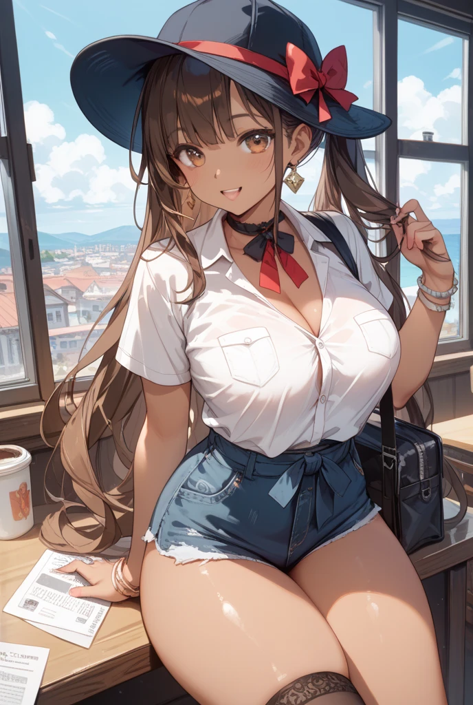 ((masterpiece, best quality, ultra detailed, 8k)), a close up of a woman in a cowboy outfit standing next to a train, cowgirl, wild west, 24 years old, hat, smile showing teeth, blush, blue eyes, long brown hair, parted bangs, twin tails, huge breasts, cleavage, navel, bare legs, rock mountains in the background, blue sky, natural light