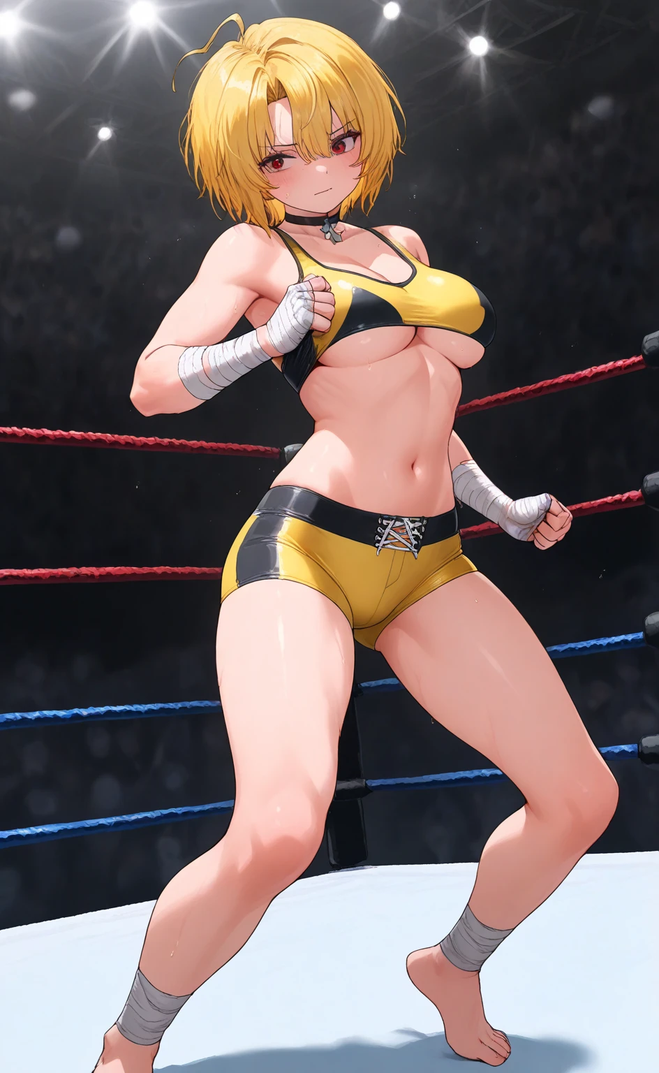 masterpiece, 8K, realistic, photo-realistic,1girl, (curly shiny orange hair:1.2), sensual, shy little smile, green eyes, ginger, 20 yo, young, bedroom,(shorts, nobra tank top:1), professional lighting, boxing