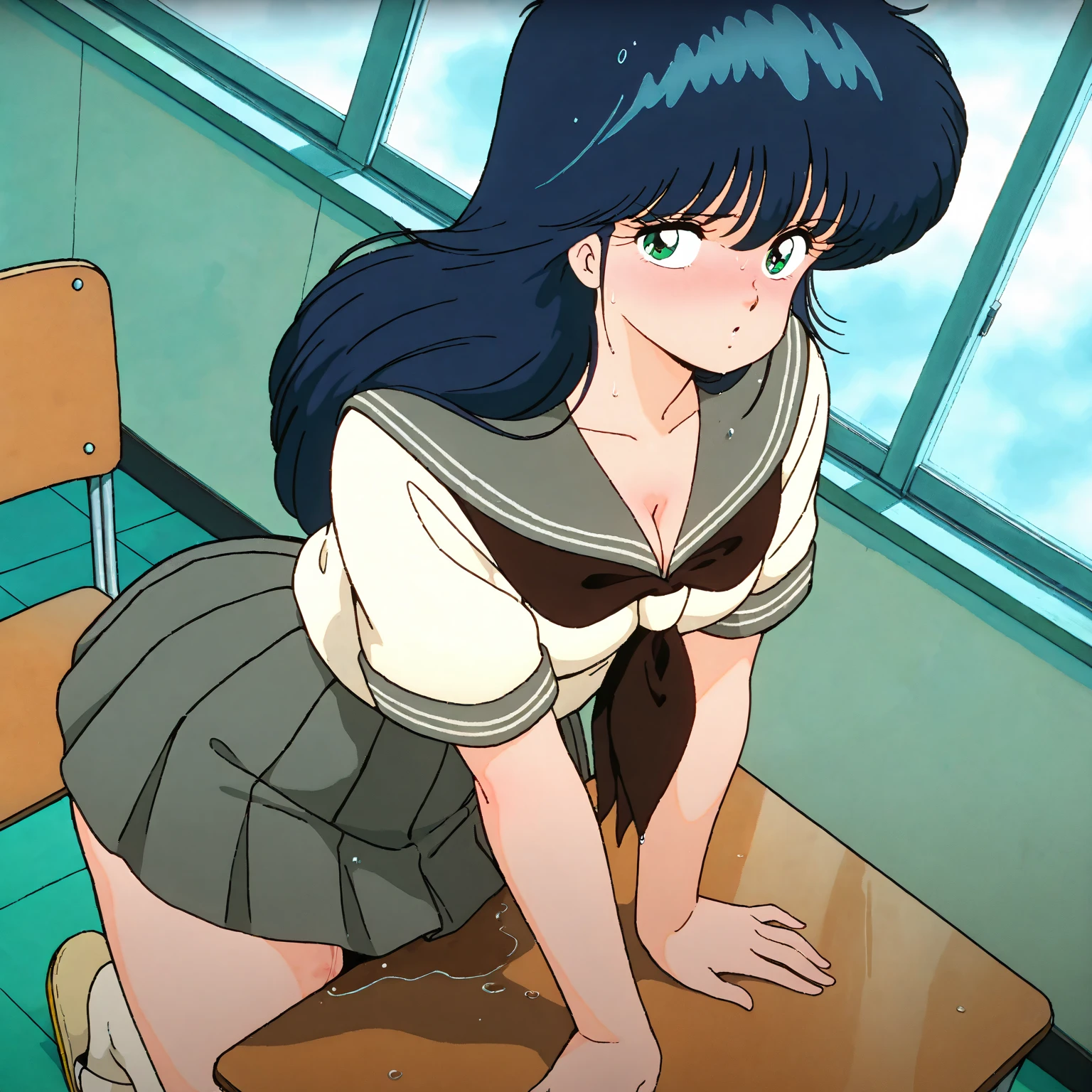 Highest quality, High resolution, 1990s \(style\), retro artstyle, 1990s anime cels style, Bedroom, kodachi kuno, Sitting with legs apart, Short-sleeved sailor suit, Brown sailor color, Brown pleated skirt, Red ribbon, Dark-haired sidetail, (Dressed:1.3), Big Breasts、Cleavage、Open collar、Big thighs、White panties、Angle from below、Leaning forward and peering at me、White socks