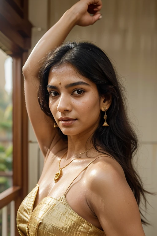 Artistic 2; beautiful young Indian woman, brown eyes, red lips, soft red eye shadow. gold bracelet on the wrist, red jewel on the forehead, soft green background
