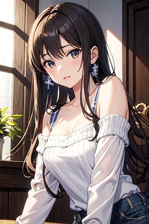 black hair、straight hair、beautiful older woman、black eyes、smile、((white color))casual dress、gundam、Aina、anime touch、hand drawn、classic、watercolor painting、soft focus、party venue、Are standing、