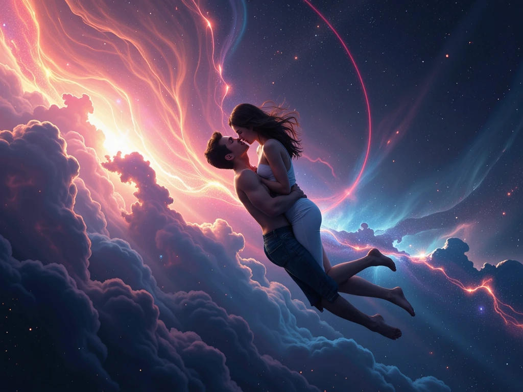 Create the image of a man sitting thinking about his wife in a mental cloud and in the image he sees her naked in bed making love. Be very explicit about the love scenes between the man and his wife.
