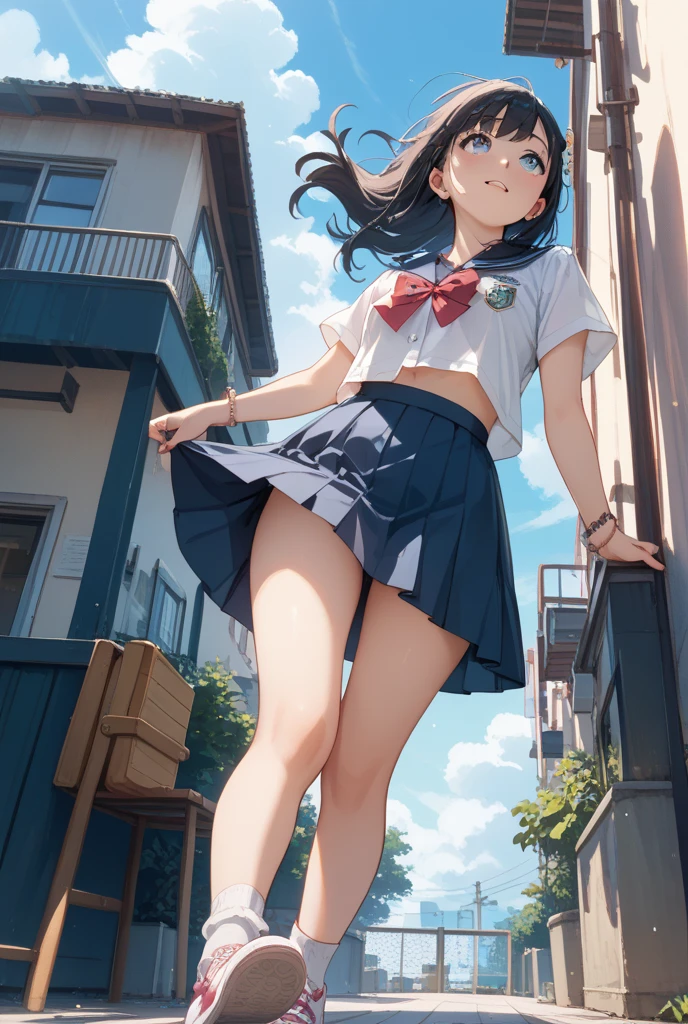 1girl,petite,loli,solo,longhair,skirt,sailorcollar,blackhair,navel,lookingatviewer,blackskirt7,miniskirt,barefoot,see-through,neckerchief,croptopoverhang,croptop,pleatedskirt,water,schooluniform,midriff,shirt,serafuku,twintails,verylonghair,fullbody,miniskirt,bareshoulders,whiteshirt,blueeyes,barelegs,thighs,breasts,blacksailorcollar,bangs,stomach,blueneckerchief,partedlips,floatinghair,standing,