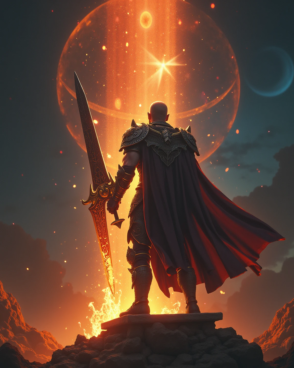 Emerging from the celestial forge suspended above a dying star, a lone warrior ascends—part mortal, part divine—wielding a freshly-forged legendary weapon: a colossal greatsword forged from crystallized time and the heart of a supernova. His armor flows like liquid night, etched with runes that burn with starlight and pulse with the heartbeat of forgotten gods. Behind him, the forge still glows, tended by the Primordial Smith—a towering, faceless being of obsidian and flame. Cosmic fire spirals in the sky as fragments of extinct constellations orbit the warrior. He stands atop a floating anvil, cloak billowing in zero-gravity winds, eyes glowing with divine fire, as the blade hums a song that bends reality. Cinematic, hyper-detailed, ultra-high resolution, god-tier fantasy, high contrast lighting, majestic pose, masterpiece."