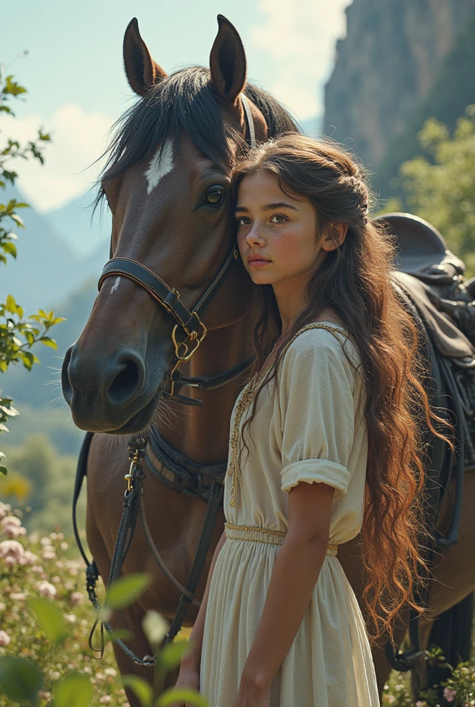 1girl, solamente, umamusume, Horse Girl, Orejas de caballo, Cola de caballo, brown eyes, brown hair, Cabello largo, sonrisa ligera, Arco de la oreja, falda con volantes, falda verde, Falda de cintura alta, mangas cortas hinchadas, delgado, Esbelto, (Japanese:0.8)