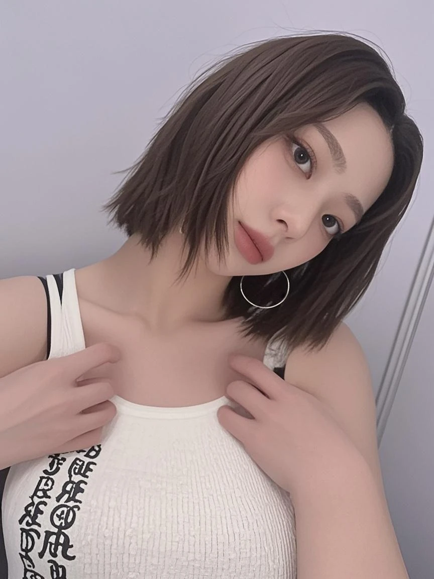 Look into the eyes, Eye contact, Front of face, face, Cross-legged, indoor, Brown Hair, bangs, Tank top, Sweat, clavicle, shoulder, Cross-legged, chest, Earrings, Skin Moisture, The gaze looking down on me, Look at me, chest元, breast, look, sofa