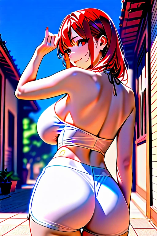 Rear view, lower angle, from below, 1 girl, solo, completely naked, standing straight, straight posture, anatomically correct, short hair, orange hair, messy hair, beautiful blue eyes, nerdy glasses, looking over her shoulder, smiling, blushing, [medium sized breasts], small waist, wide hips, juicy thighs, juicy ass, big ass, grabbing her own ass, squeezing her asscheeks, groping her ass, spreading her ass, exposing her asshole, tight asshole, asshole emphasis, ass emphasis, 8k, best quality