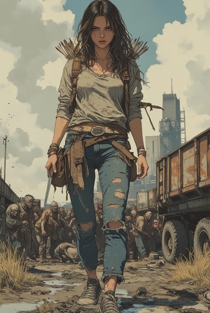 drawing, by Brian Selznick 2d artwork, concept art, upper body, a woman on watelands, dust, rusted heavy vehicles on the background, artistic approach, post apocalytic aesthetics, <lora:Brian_Selznick_Style_XL:0.7>