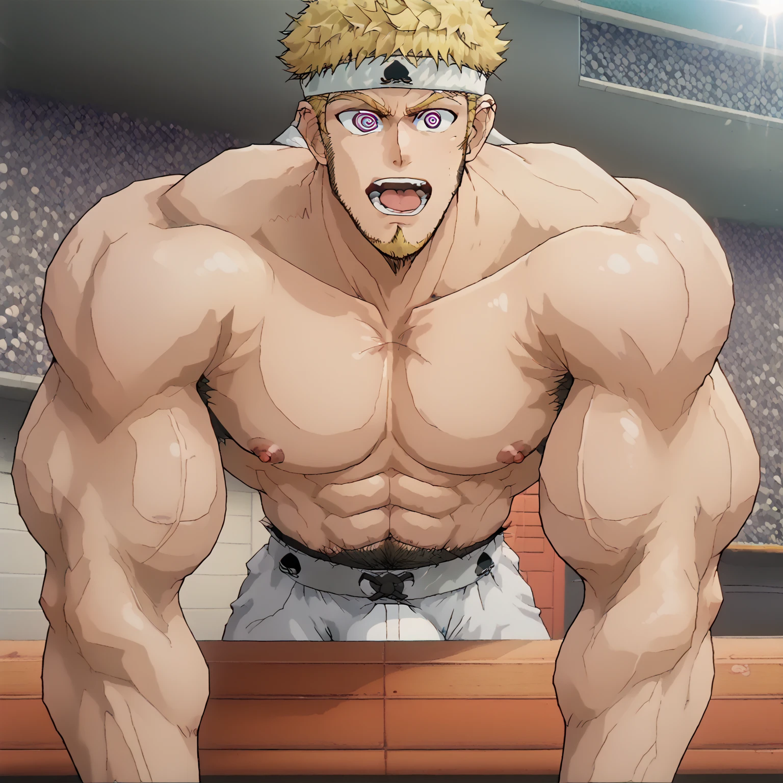 (Eine detaillierte Zeichnung von Hinata, male 15 years old, Bodybuilding-Fitnessstudio.), With a naked torso, oiled body, Ripping clothes, the strongest of all, huge muscular body, big Bizeps, muscular pecs.big shoulders, Muskelbeine,Abs, Barefoot, Kampfkunst, hoher Tritt, Full body image, seitliche Brust, Wrestling Kampf gewonnen , beserk