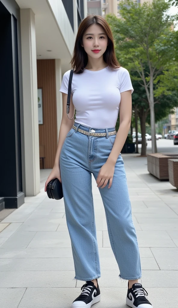 Tokyo Street、Walking the streets、(Realistic、Like a photograph、Live Action、8k, Realistic, RAW Photos, Best image quality: 1.4), Single-lens reflex camera、RAW Photos, Highest quality, Realistic, Highly detailed CG Unity 8k wallpaper, Written boundary depth, Cinematic Light, Lens flare, Ray Tracing, Realistic background、(A snug fitting t-shirt:1.4、skinny pants:1.4、Big Breasts)、The strap of the bag passes between the chest、Paisla、Shoulder bag)、((Silver Inner Color Hair:1.1))、 1 female,cute japanese gal、((whole body:1.5))、Medium Hair:1.2、Short Ponytail、I like that style、stylish、Very detailed、Pay attention to the details、Perfect outfit、(White skin)、Beautiful feet:1.1、View from the front、Accurate Arm、Meet on a street corner