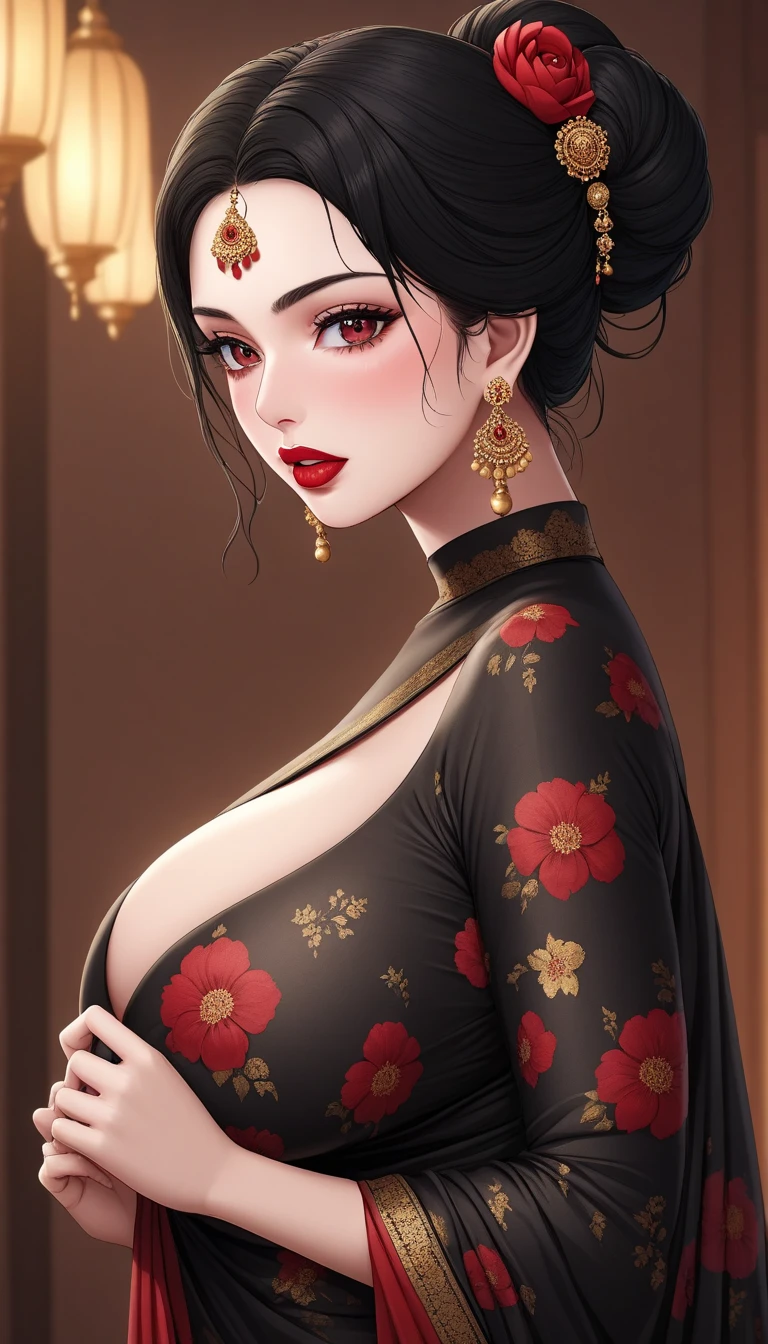 A beautiful mature woman in a , turtle neck tight blouse,ancient plain silk saree, intricate jhumka earrings, detailed alluring eyes, smooth lips, smiling, red lipstick, exposed navel, bangles,  saggy breasts, photorealistic, 8k, high quality, masterpiece, cinematic lighting, vibrant colors, intricate details, short messy hair
