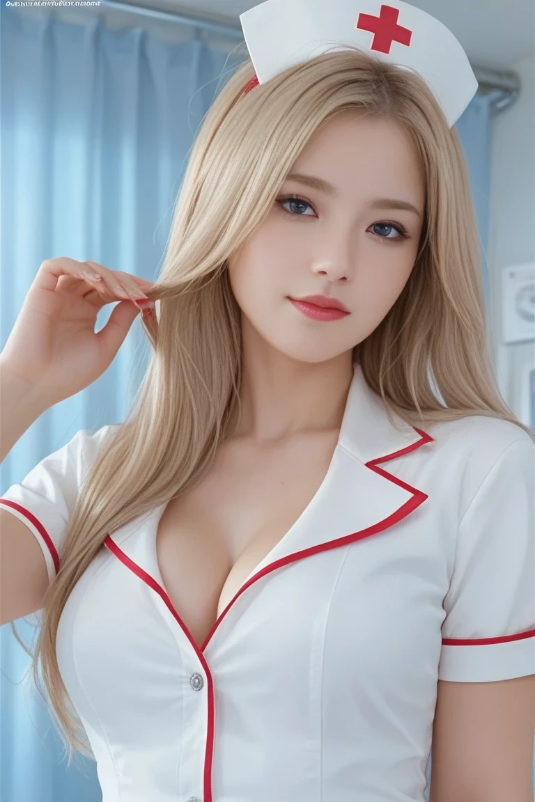 Highest quality, masterpiece, Ultra-high resolution, (reality: 1.4), Original photo, One Girl, White nurse uniform, Cinema Lighting, Big Breasts, whole body、mini skirt