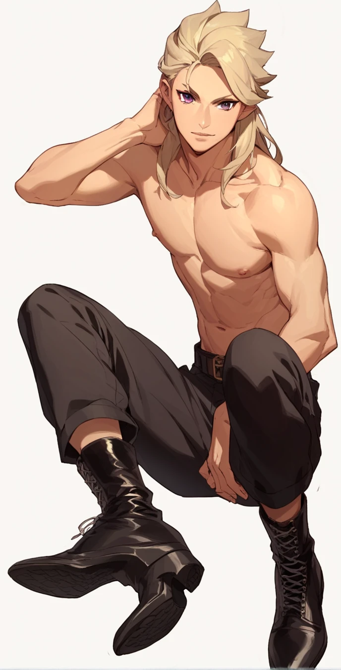 Anime character sitting cross-legged on the ground, Cool anime poses, beef patty pose, , by Shitao, Male anime characters,, Tall anime man with blue eyes, Zero Art, Blond boy, Anime handsome man, muscular!!, Blonde guy, Male pose, Sancred water style wlop