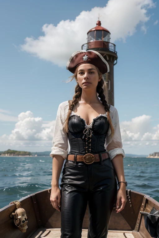 generated a full body of a 21 years old young white woman with dark brown hair, she wear in a detailed and stylish pirate costume poses confidently on the set of 'Pirates of the Caribbean.' Her outfit includes a tricorn hat with a feather, a fitted leather vest over a billowy white shirt, high-waisted trousers tucked into tall, weathered boots, and a decorative sash tied around her waist. She holds a cutlass at her side, ready for adventure. The background features an impressive, old pirate ship cruising on the vast, open ocean under a dramatic, cloudy sky, with the ship's sails billowing in the wind and the waves crashing against its hull.