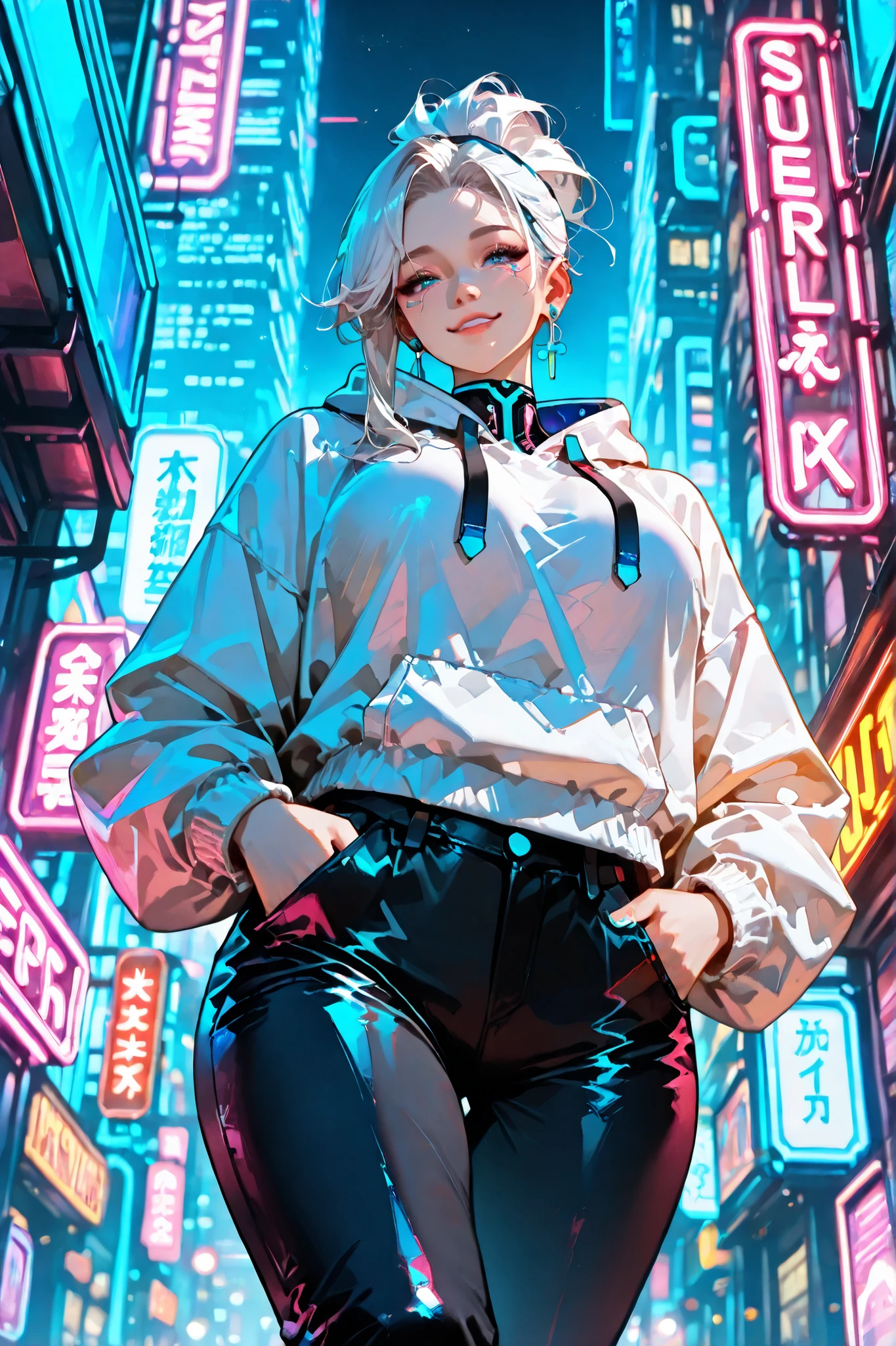 (SuperQuality:1.0) ~ (SuperQuality:1.2), detailxl, 1girl, Solo, High Resolution, Best Quality, High Details, Super Detailed, Cyberpunk City, Long Hair, Pixie hairstyle, White Hair, Blue eyes, Large breasts, Earrings, White Oversize Hoodie, walking through the city, black pants, looking at viewer, view from below, seductive smile, neon lights,