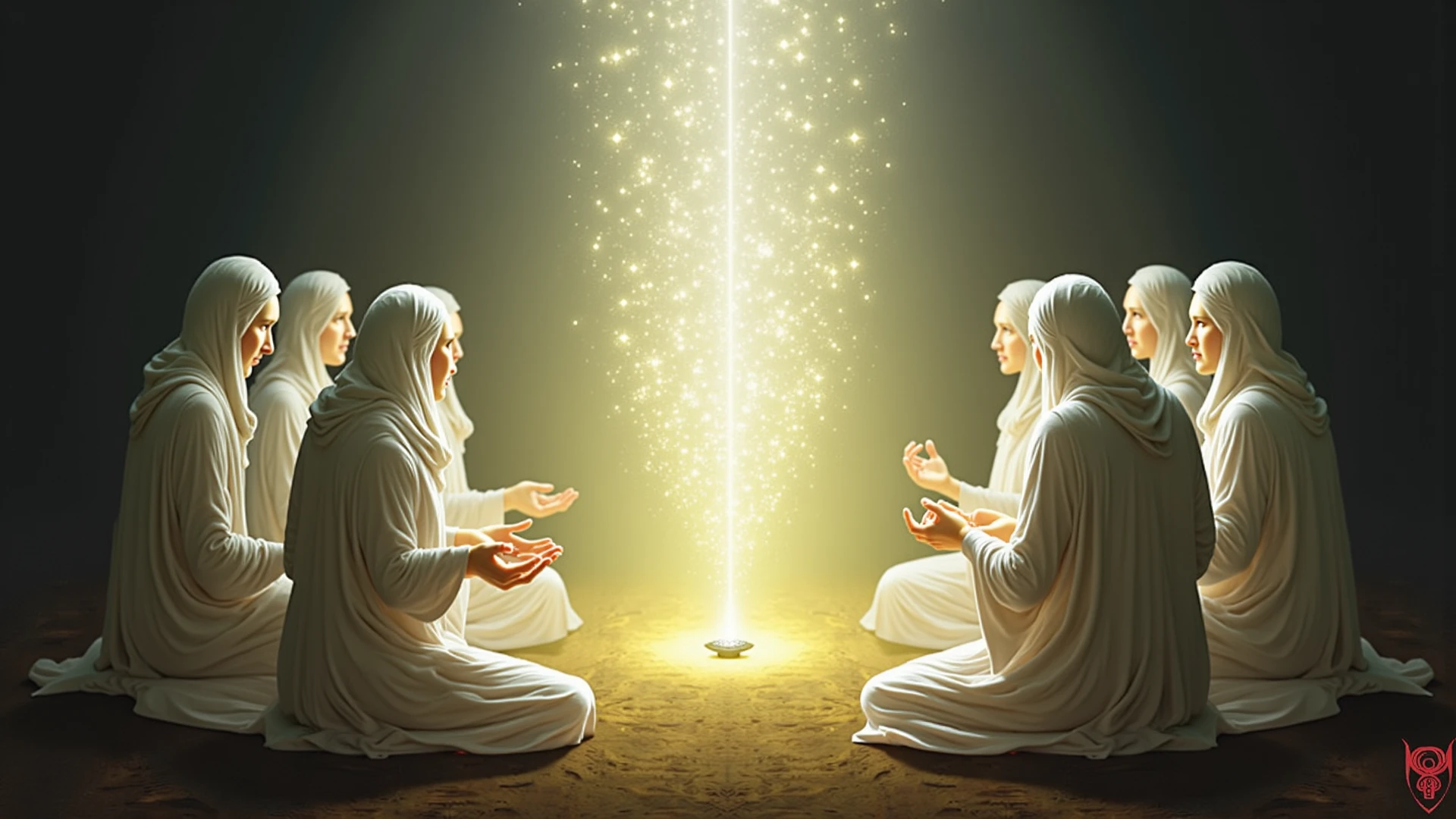In the image, enlightened spirits illuminating a spiritist meeting with several participants in the purified room, in the image transmission of messages between the spiritual and physical planes, much concentration of the participants and energy of the spirits, sacred moment, spirits of lights on high
