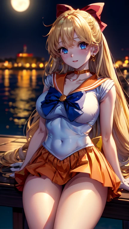{{Sailor Moon}}, so beautiful,, highest quality, Realistic, Complex, Overall Details Blonde Hair Girl, Magical girl, (((Blue eyes))), Blue Skirt, Cute white panties Elbow-length gloves, tiara, Pleated skirt ,Red long boots Blue sailor necklace, mini skirt, choker, blue choker, White gloves,Clothes lift Very long hair, Jewelry, 珰, whole body sexy Beautiful bedroom Night view blush((((topless))))