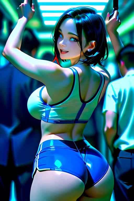 1 girl, (long hair, asymmetrical bangs, dark brown eyes), beautiful face details, beautiful eyes, long eyelashes, soft lips, smile, (Reflecting the buttocks:1.7), city, (Cycling Shorts:1.7), open mouth, (See-through), (bicycle:1.5), (black long hair:1.3), blush, surprised face, (turn around and look back:1.5), (wet with sweat:1.5)