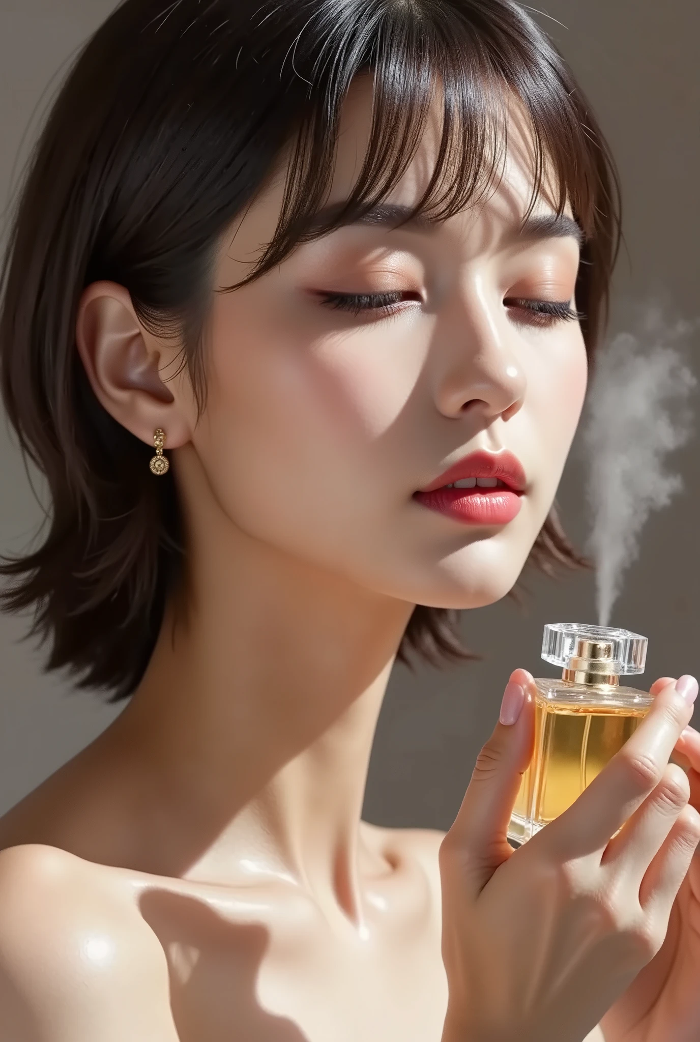 realistic,high image quality,Sharp details,8K,High Angle2.0,((2.0)),bathe perfume on your neck,spray from perfume,((2.0)),((Close your eyes 2.0)),short short hair,Foxy face,large earrings,good makeup