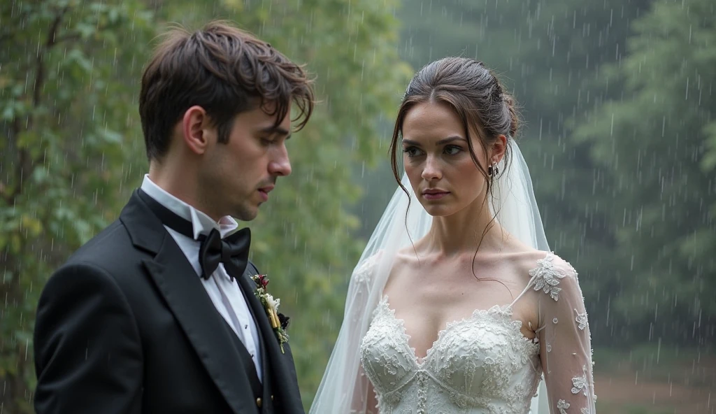 dramatic photo of almrst wearing a wedding dress outdoors with hard rain pouring down,  <lora:almrstSDXL:0.9>