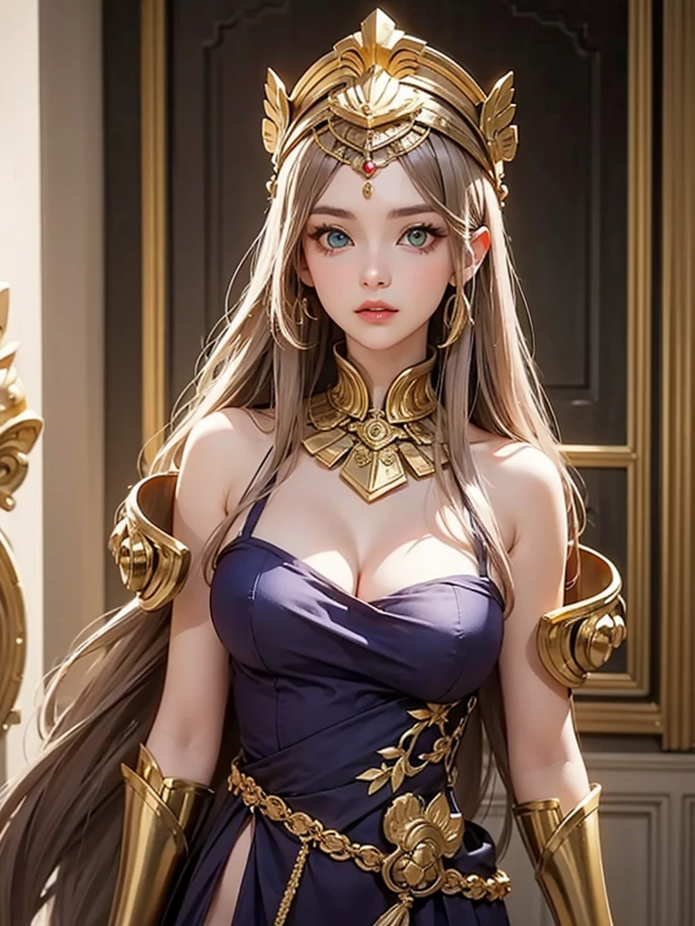 Indian 21-year-old girl with a slim fit and long messy hair, sits majestically on a grand throne, adorned in worrying golden armor. The cinematic shot is realistic, capturing every intricate detail of the armor, her facial features, and the regal throne. The setting is illuminated by soft, warm golden light, adding a touch of royal elegance to the image. This masterpiece, crafted in high resolution, is reminiscent of a beautiful 8k Unity wallpaper, showcasing the precision and care put into each detail. The illustration boasts a highly detailed face, beautifully detailed eyes, and perfect lighting, making it a truly awe-