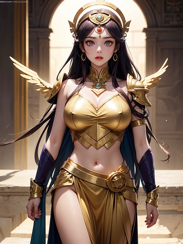 Official Art, Masterpiece, sharp focus, (beautiful beautiful goddess:1.3), Hair, sharp and sexy eyes and face., realist, ultra detailed, beautiful girl, blue sky, bright white particle, (side lighting:1.2), sunlight, slender, sexy very big breasts and a muscular body, evil smile, scenery, long straight hair, sexy facial expression, desert, dynamic hair, long straight hair, detailed wine red hair, bright yellow eyes like gold, (egyptian clothing), gold jollas, pale skin, hair ornament, epic scenery,