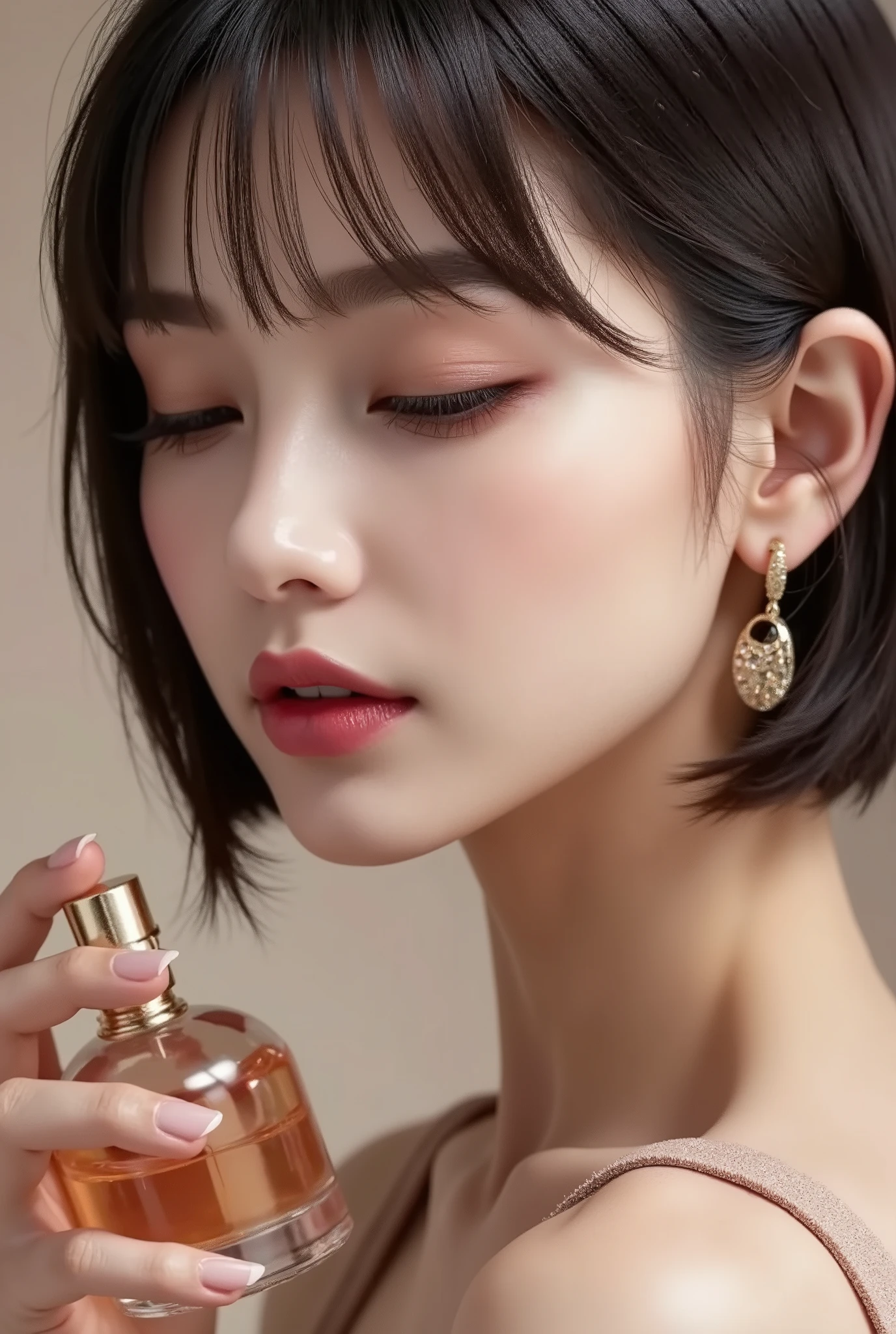 realistic,high image quality,Sharp details,8K,High Angle2.0,((2.0)),bathe perfume on your neck, short short hair 2,((2.0)),((Close your eyes 2.0)),short short hair,Foxy face,large earrings,good makeup
